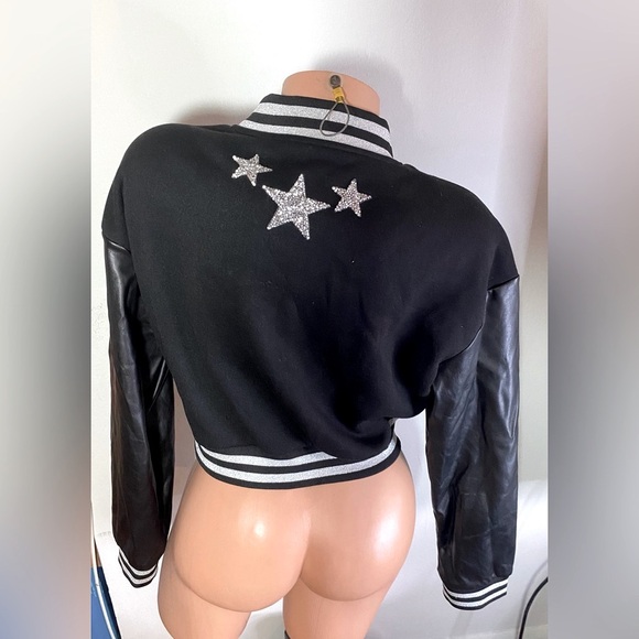 SHEIN Cropped Varsity Style Jacket Black Custom Patch-Work Size M - Picture 9 of 12